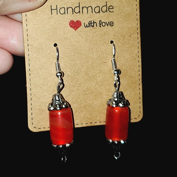 Handmade glass tube beads & silver spacer beads earrings in cinnamon red. - Picture 3 of 3
